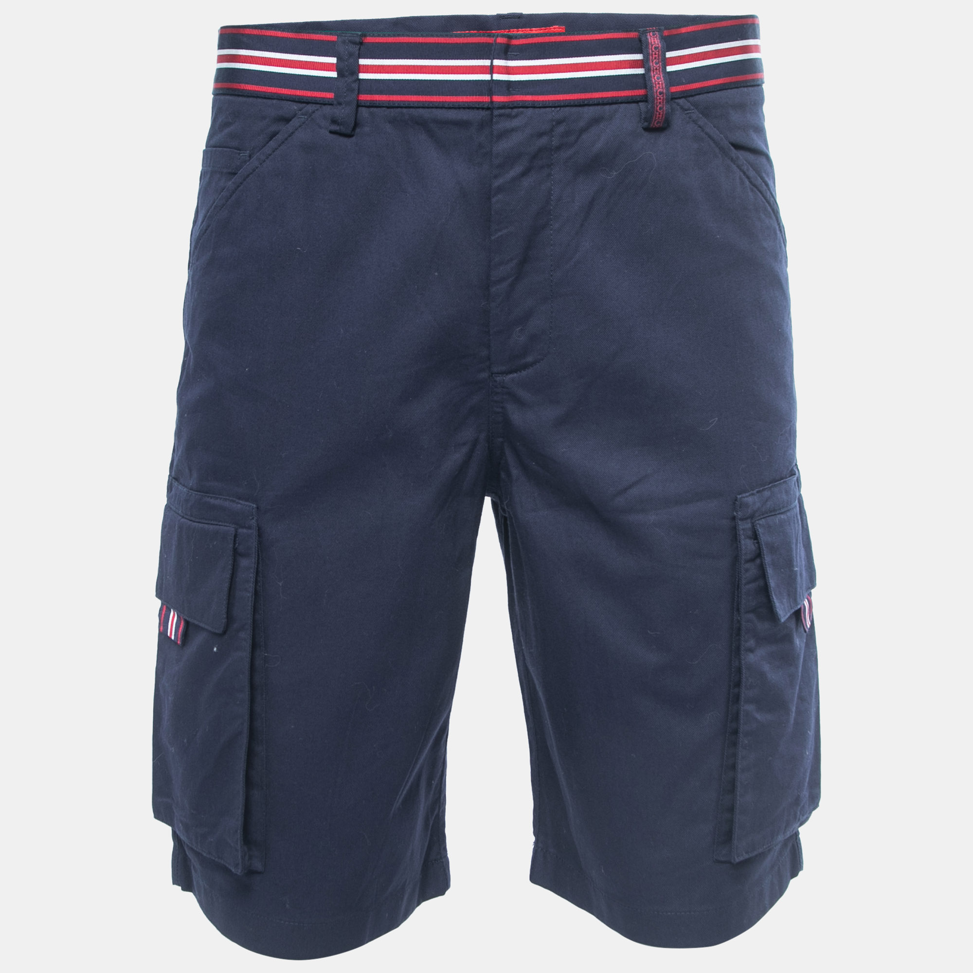 Pre-owned Ch Carolina Herrera Navy Blue Cotton Stripe Detail Shorts M/ Waist 34"