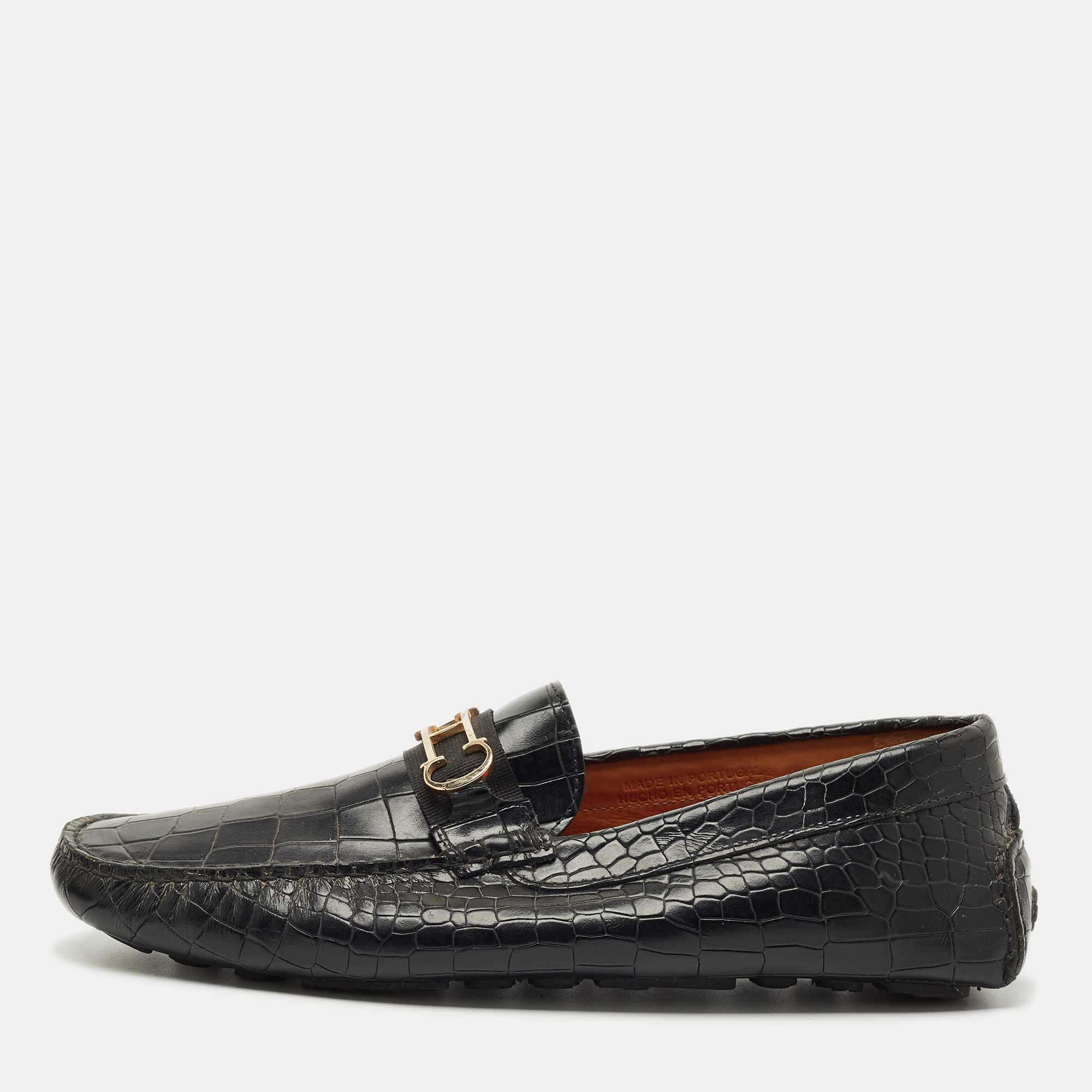 Pre-owned Ch Carolina Herrera Black Croc Embossed Leather Slip On Loafers Size 43