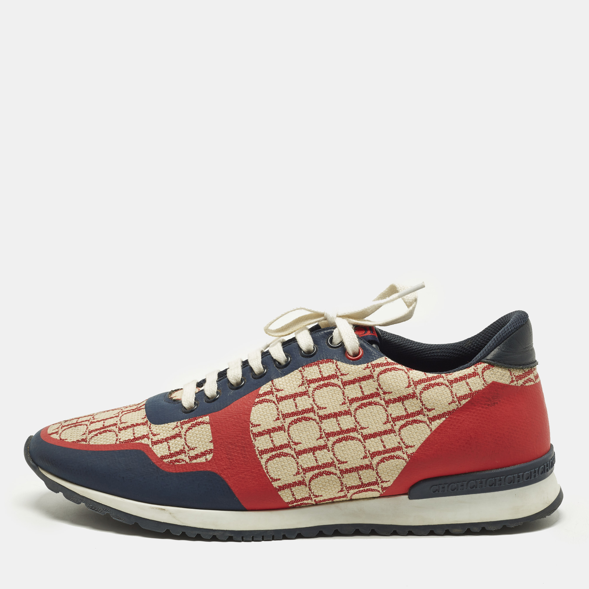 

CH Carolina Herrera Size 41.5 Tricolor signature print Canvas Leather Low Top Sneakers, Red