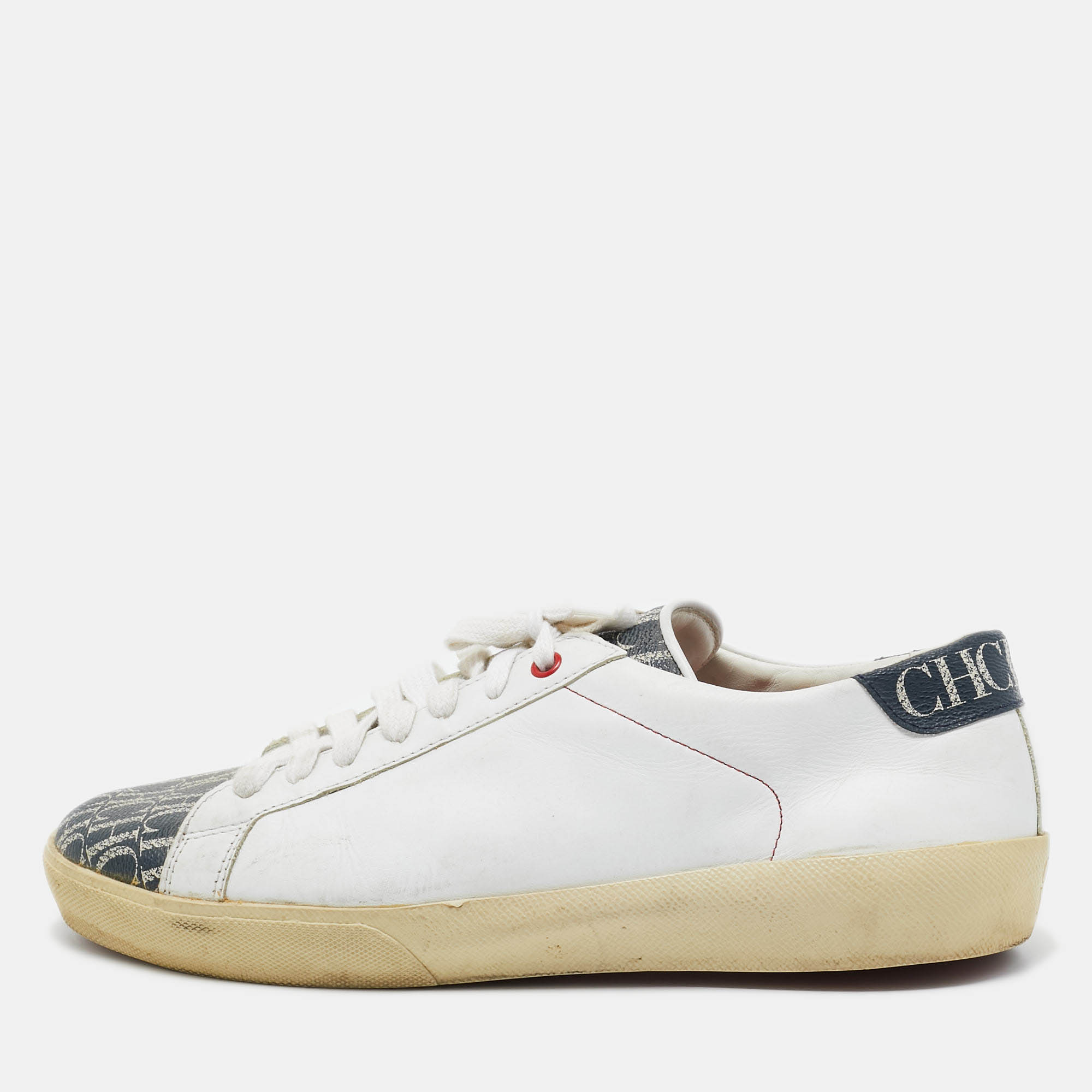 Pre-owned Ch Carolina Herrera White/beige Leather And Canvas Low Top Sneakers Size 43.5