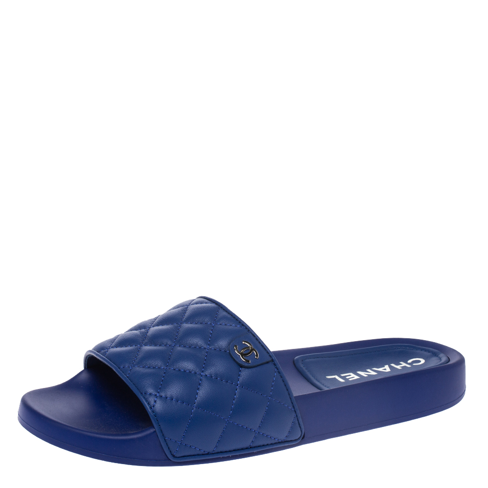 Chanel Blue Quilted Leather CC Slides 