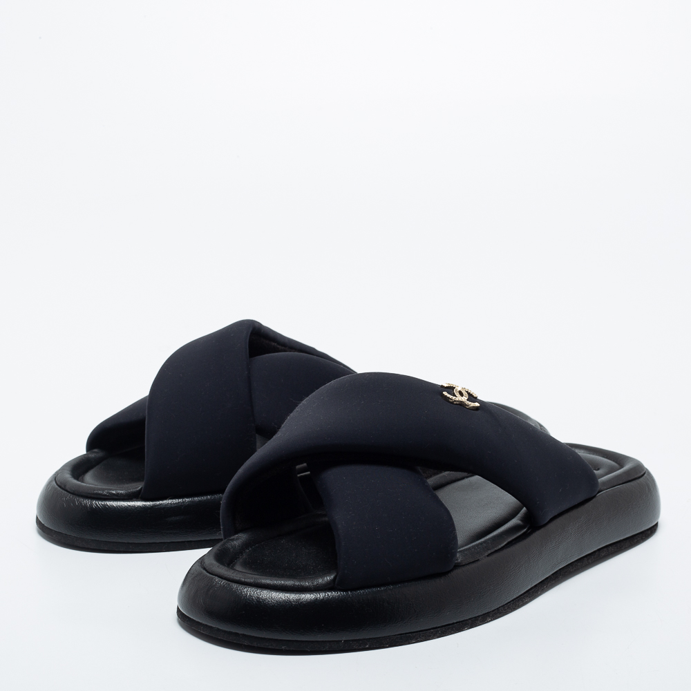 

Chanel Black Fabric CC Slide Sandals Size