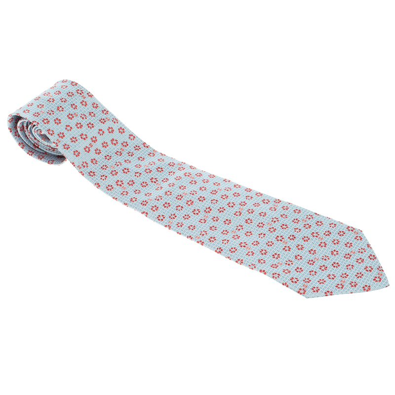 Pre Owned Chanel Light Blue Floral and Logo Woven Textured Silk Tie