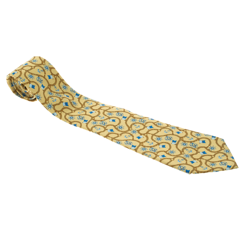 Chanel Yellow Anchor & Chain Printed Silk Tie