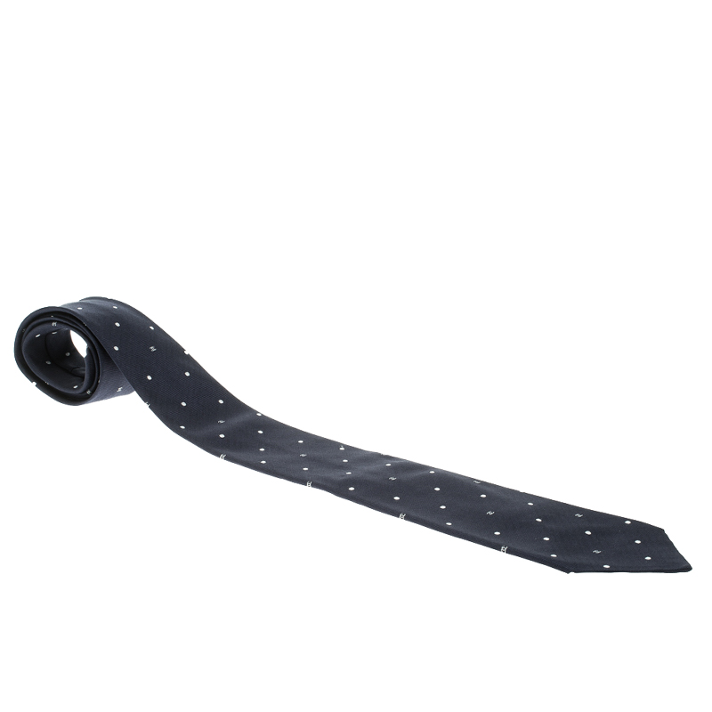 Pre Owned Chanel Navy Blue Embroidered Polka Dot and Logo Detail Silk Tie