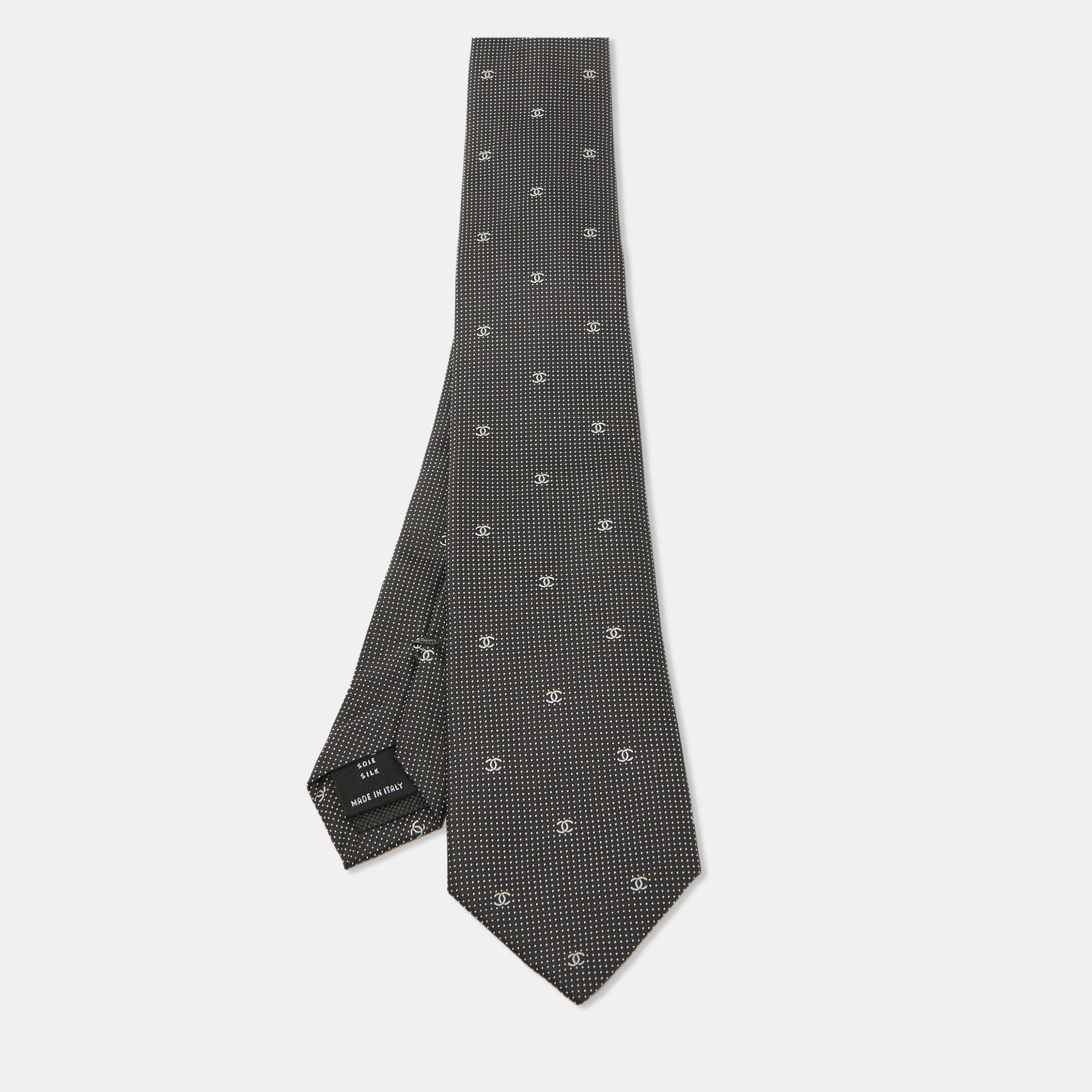 Pre Owned Chanel Black CC Print Silk Skinny Tie