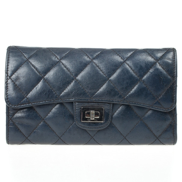 Pre Owned Chanel Blue Quilted Lambskin Leather Long Flap Wallet