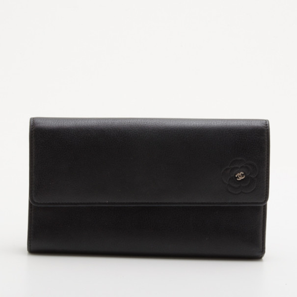 Pre Owned Chanel Black Leather CC Camelia Flap Wallet