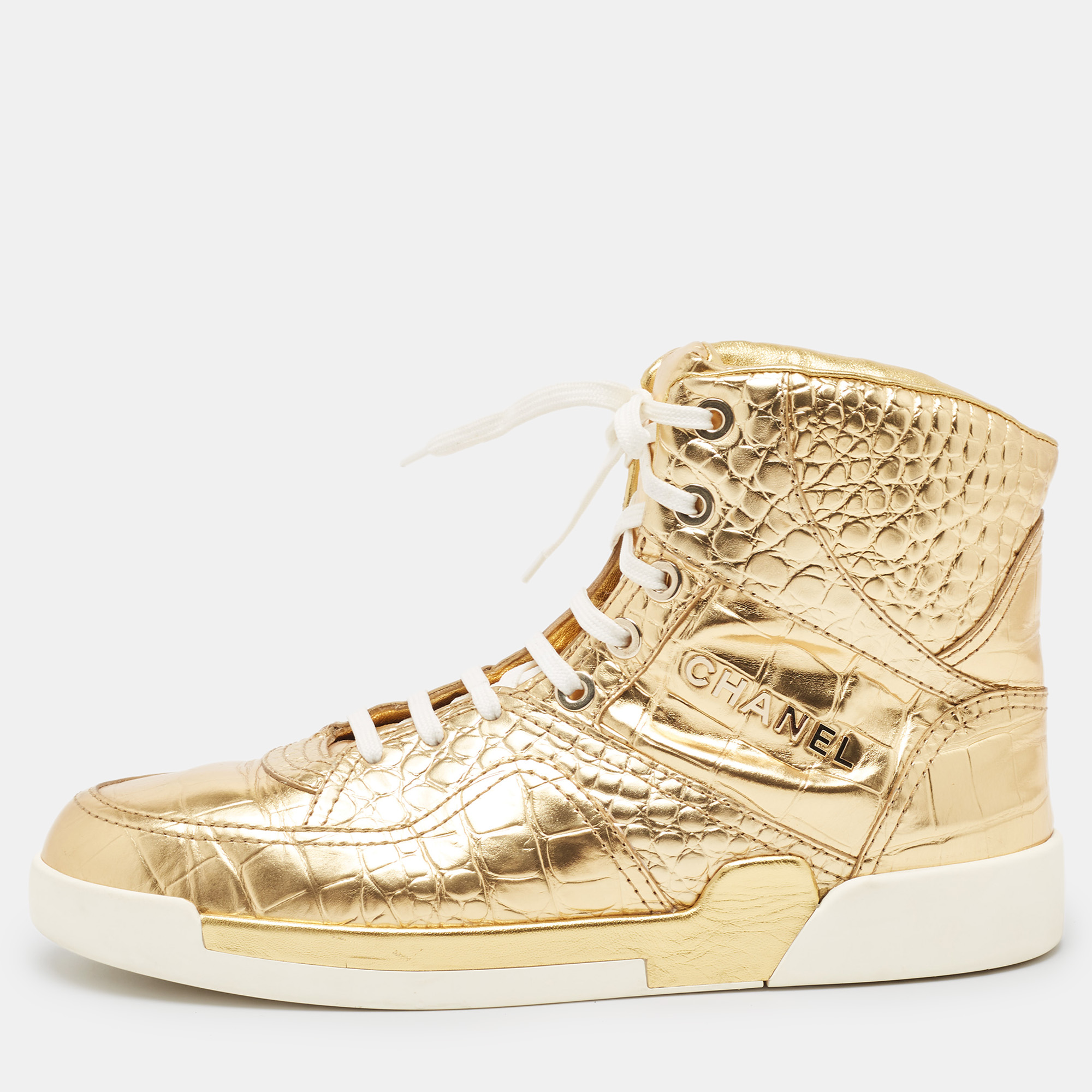 

Chanel Gold Croc Embossed Leather High Top Sneakers Size