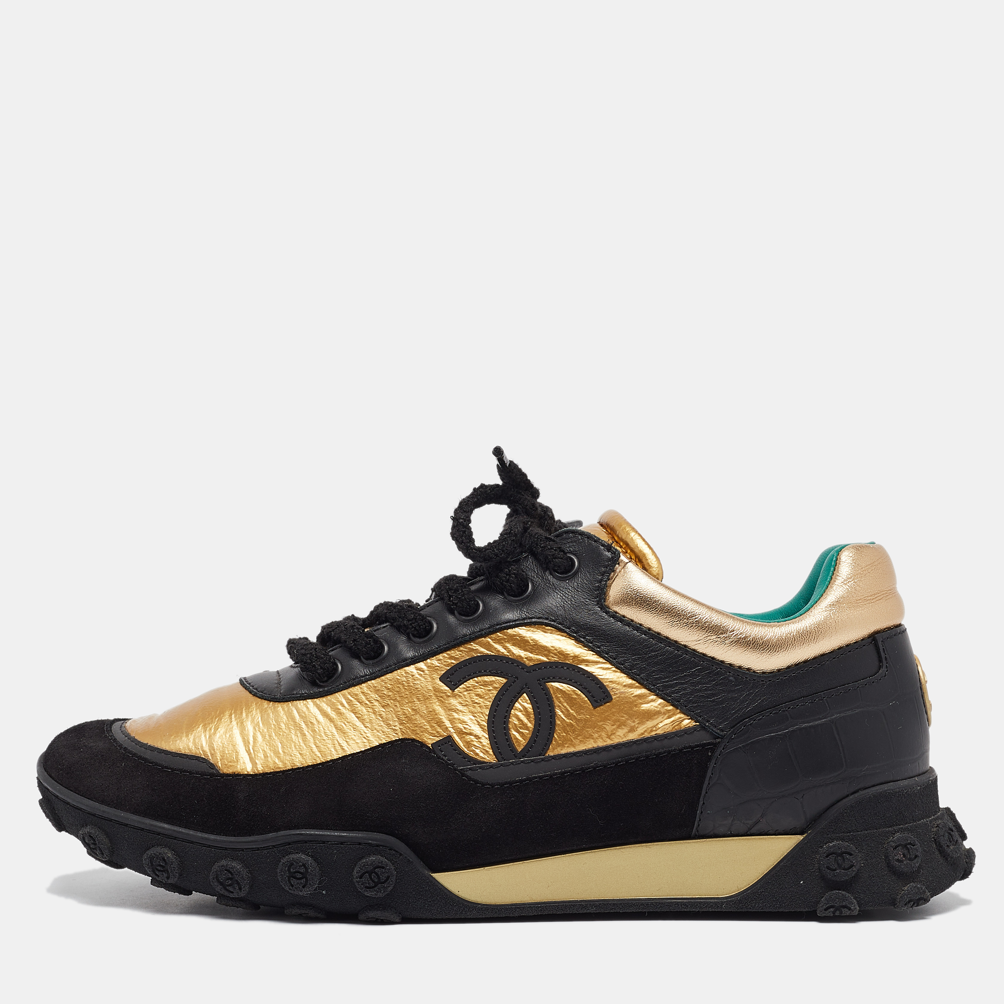 

Chanel Gold Leather and Nylon CC Lace Up Sneakers Size