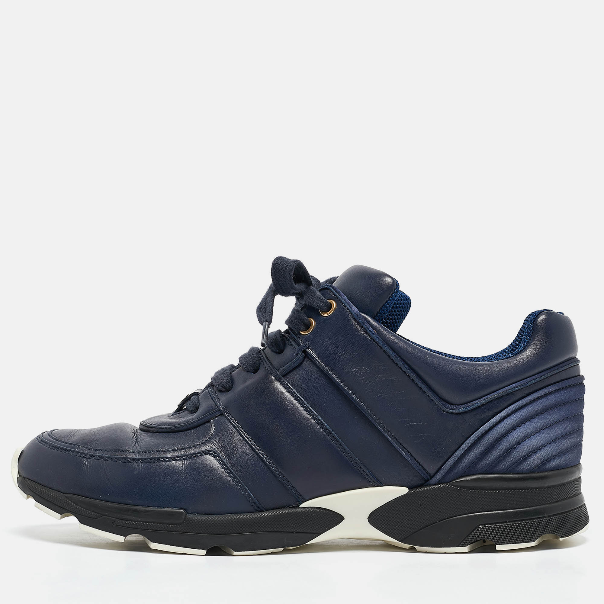 

Chanel Navy Blue Leather and Satin Lace Up Sneakers Size