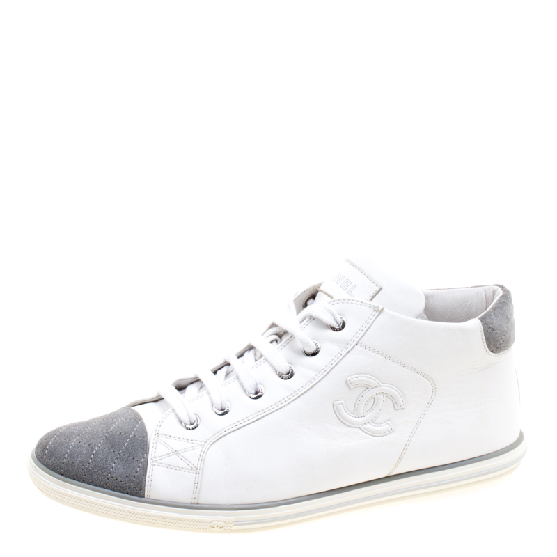Chanel White Leather and Grey Suede Cap Toe CC  Sneakers Size 41