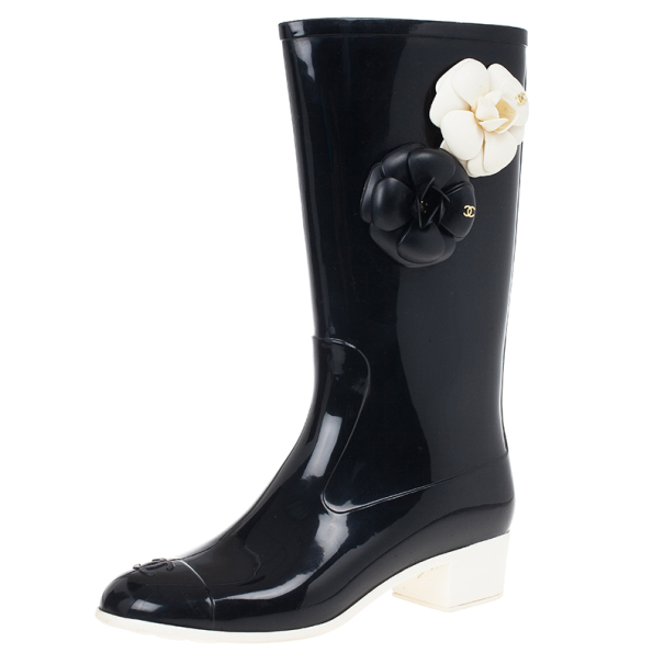Chanel Camellia Rubber Rain Boots Size 