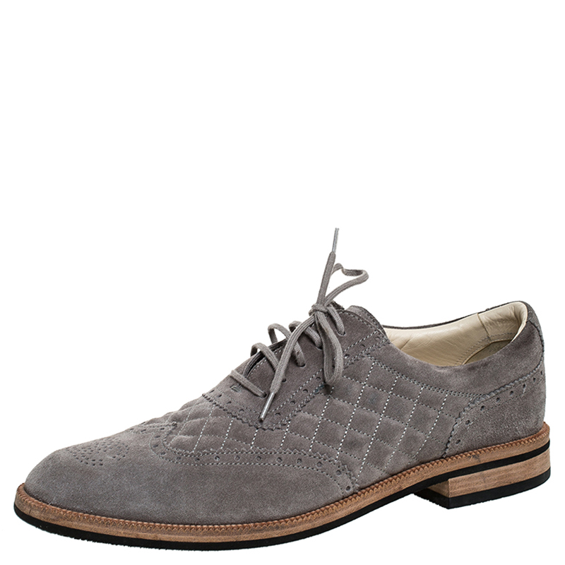 Chanel Grey Suede Quilted Brogue Oxfords Size 43