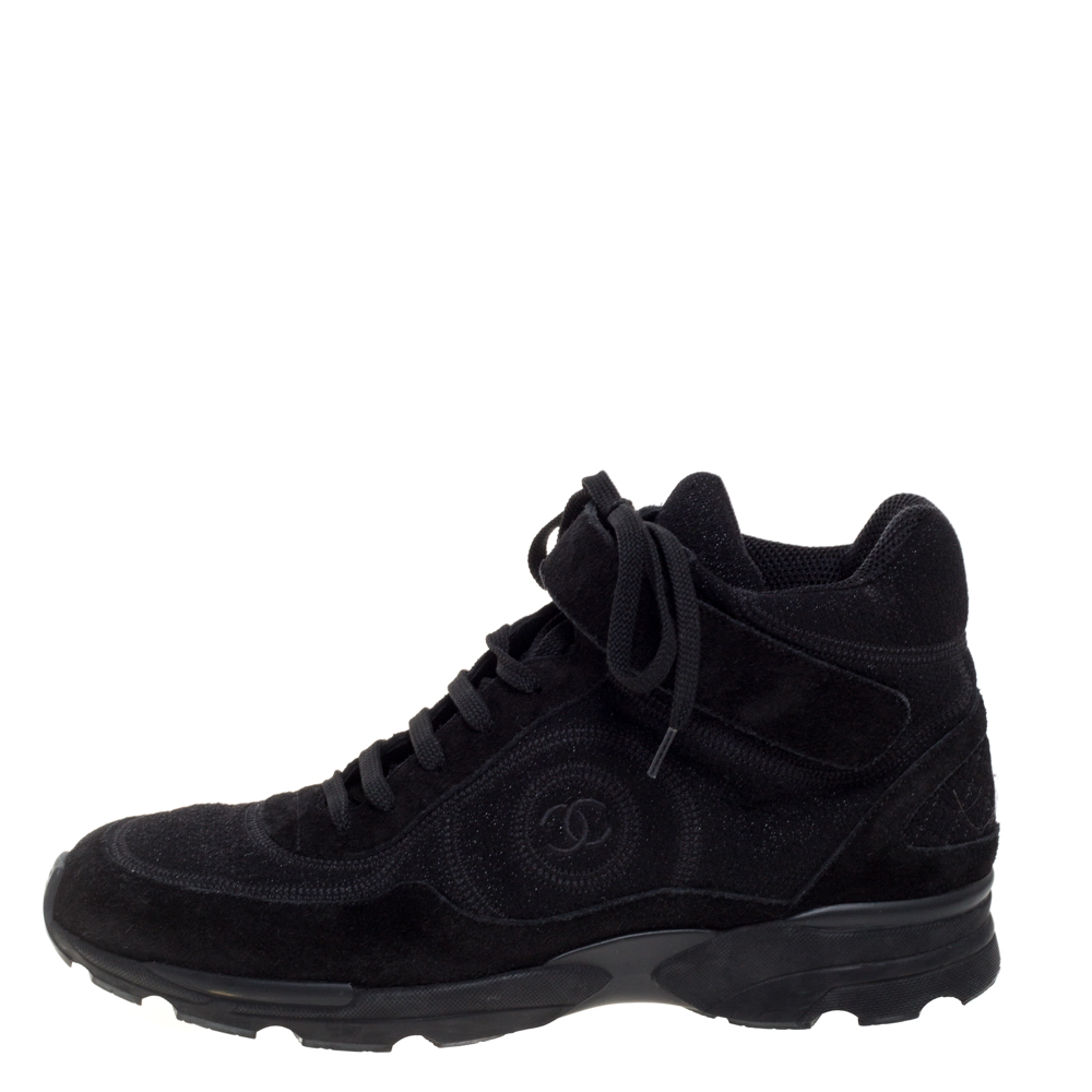 

Chanel Black Shimmery Fabric and Suede CC High Top Sneakers Size