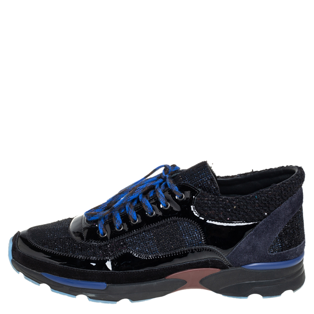 

Chanel Black Patent Leather And Tweed Low Top Sneakers Size