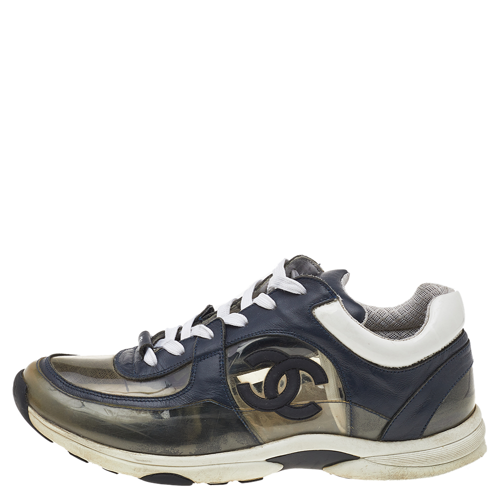 

Chane Navy Blue Leather And PVC CC Low Top Sneakers Size