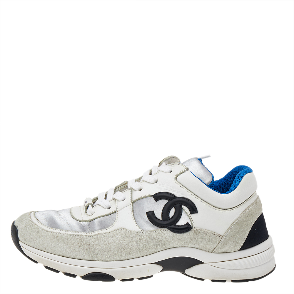 

Chanel Tricolor Suede And Satin CC Low Top Sneakers Size 39, White