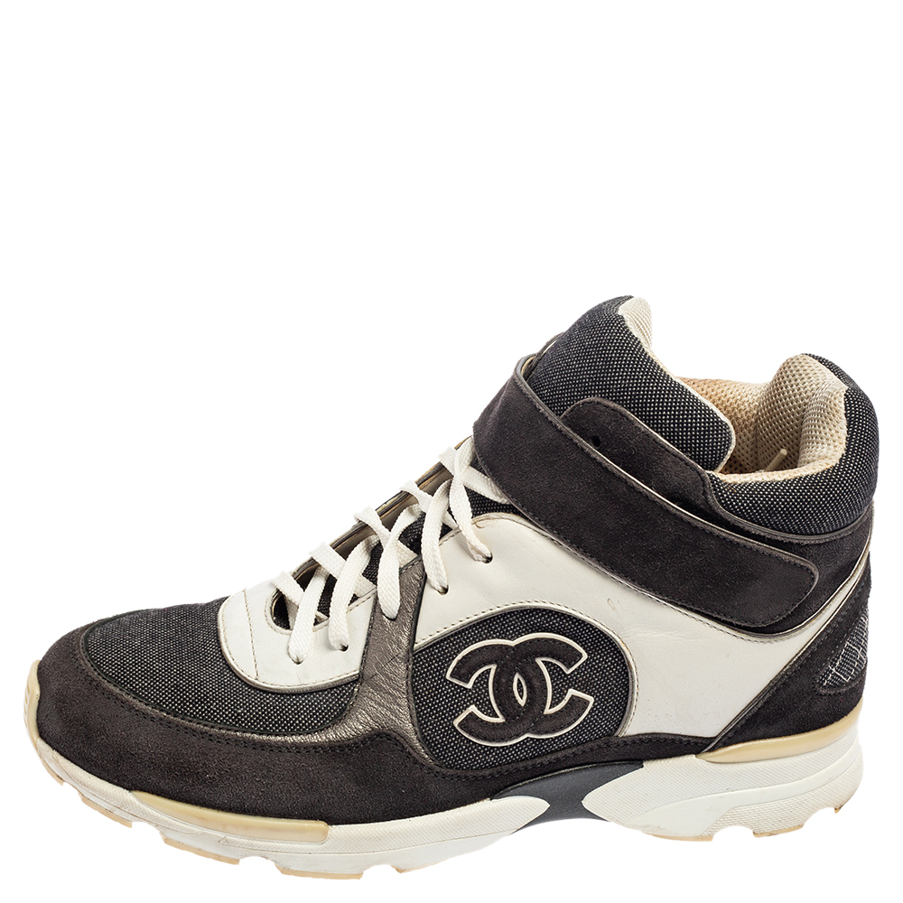 

Chanel Grey-White Canvas, Suede, And Leather CC Mid Top Sneakers Size