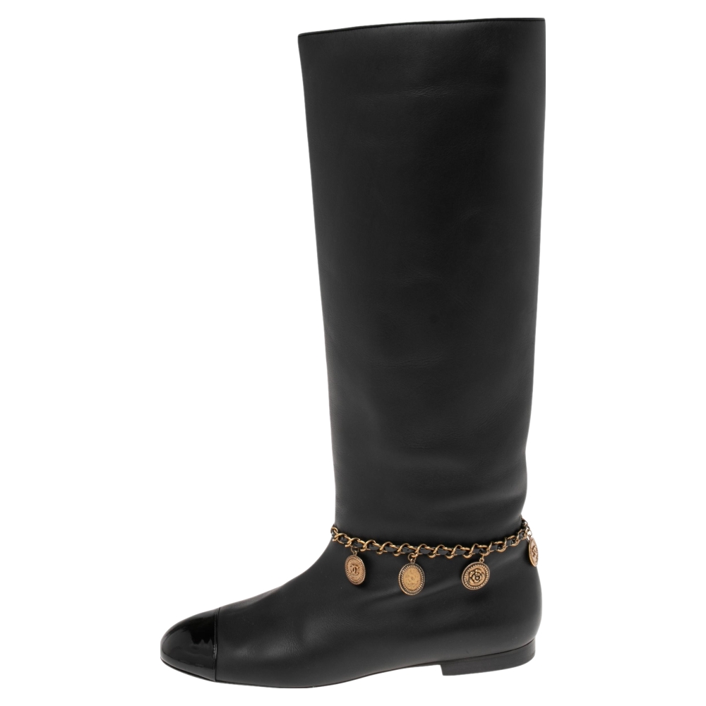 

Chanel Black Leather CC Cap Toe Chain Embellished Knee Length Boots Size