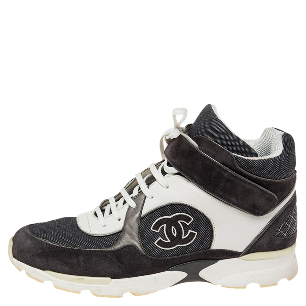 

Chanel Grey/White Canvas And Leather CC High Top Sneakers Size