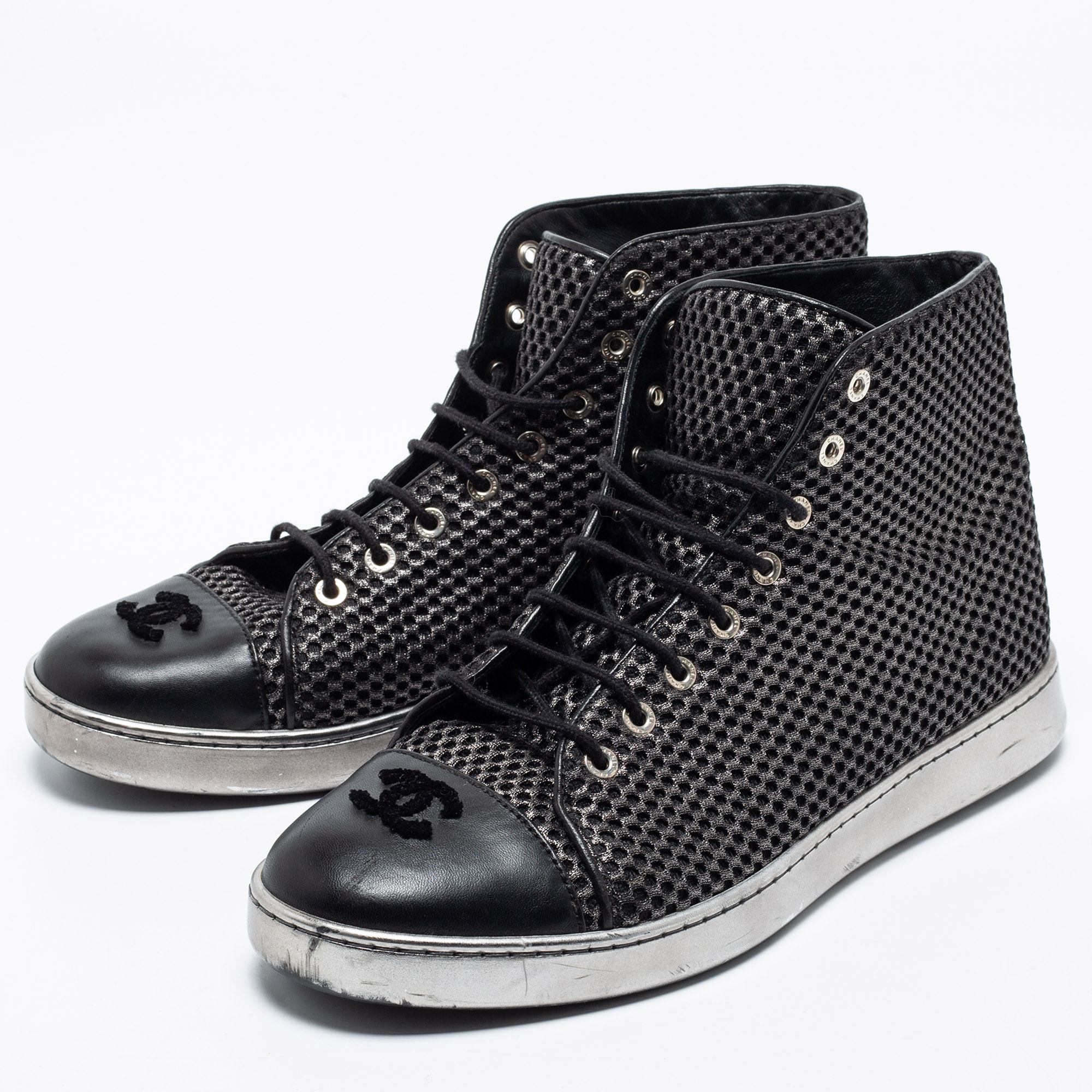 

Chanel Black Mesh and Leather CC Cap Toe High Top Sneakers Size, Metallic