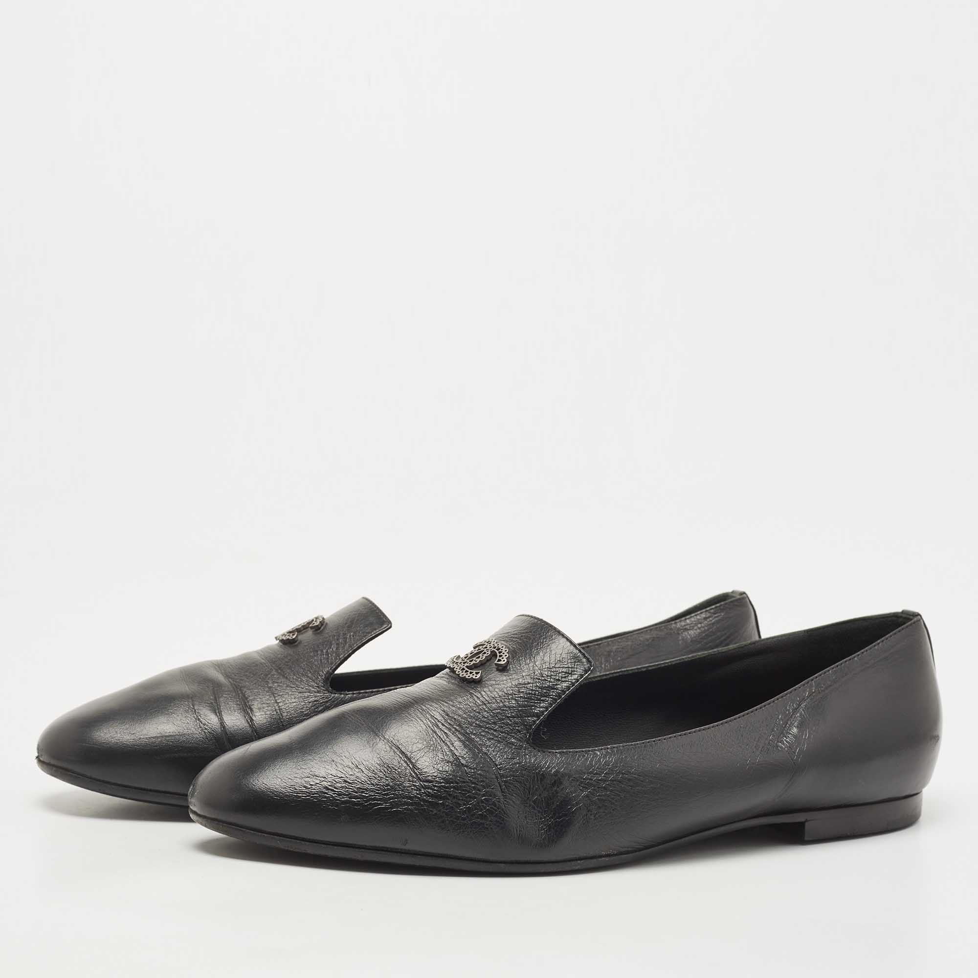 

Chanel Black Leather CC Slip On Smoking Slippers Size