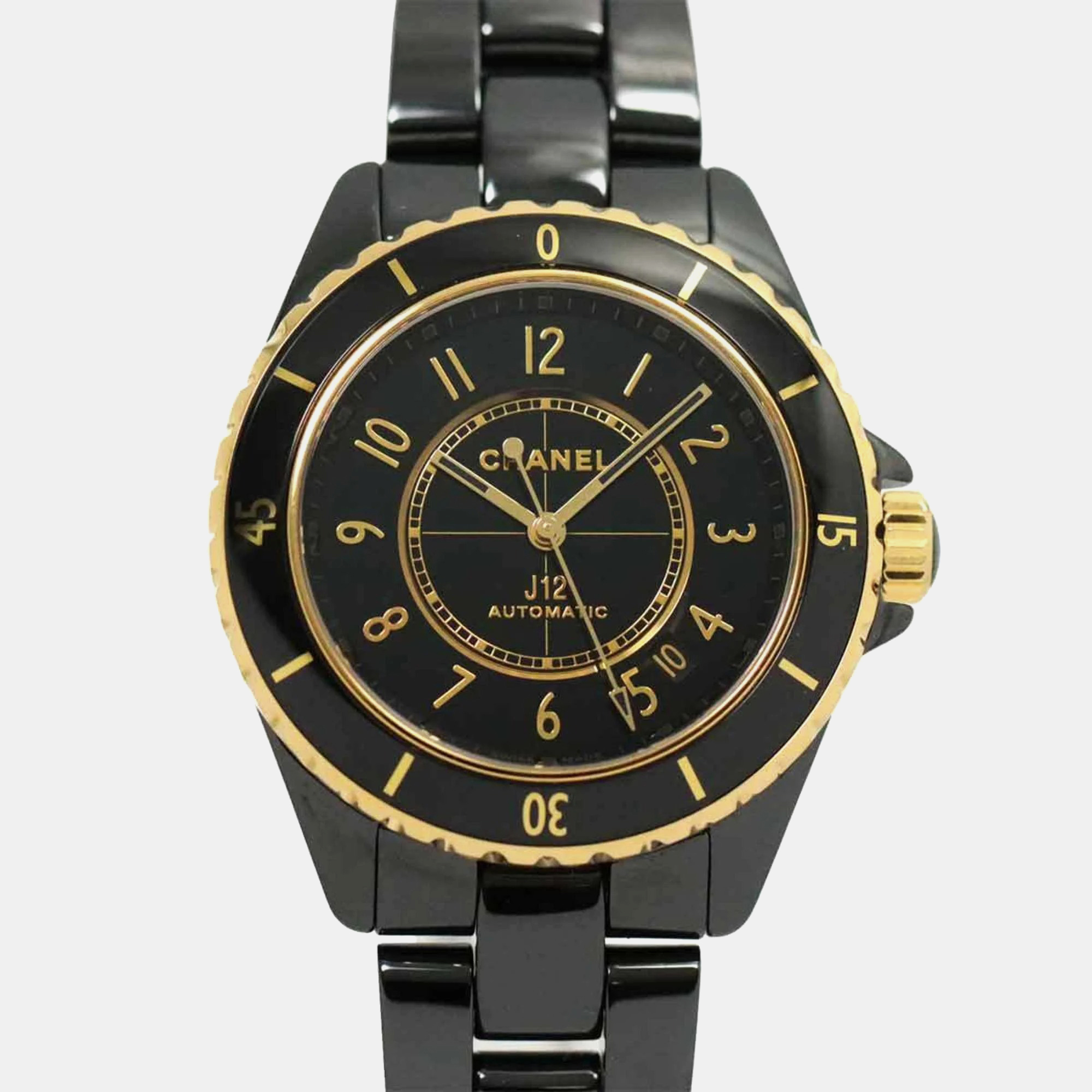 Pre-owned Chanel Black 18k Yellow Gold Ceramic J12 H9541 Automatic Men's Wristwatch 39 Mm