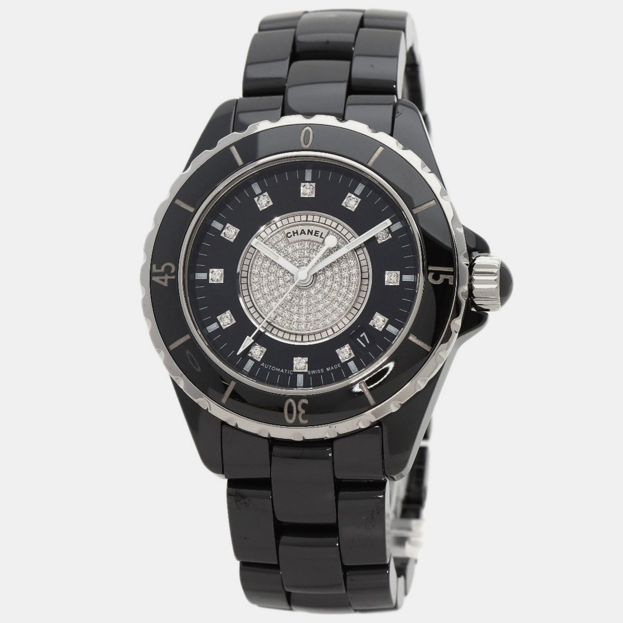 Pre-owned Chanel Black Ceramic And Diamond J12 H1757 Automatic Men's Wristwatch 38mm