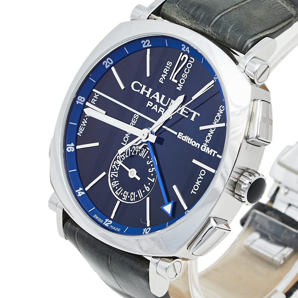 

Chaumet Blue Stainless Steel Leather Dandy GMT W11692-32A Men's Wristwatch