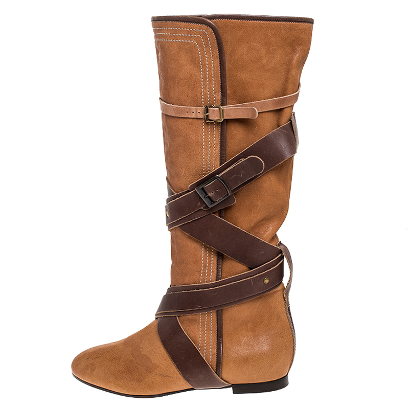 

Chloe Brown Leather Cross Strap Knee Length Boots Size