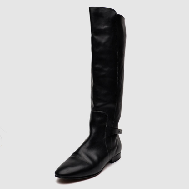 Chloe Black Leather Knee Length Flat Boots Size 41