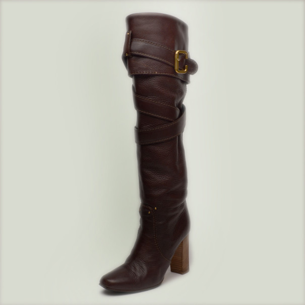 مملوكة مسبقًا Chloe Brown Leather Knee Length Boots Size 38.5