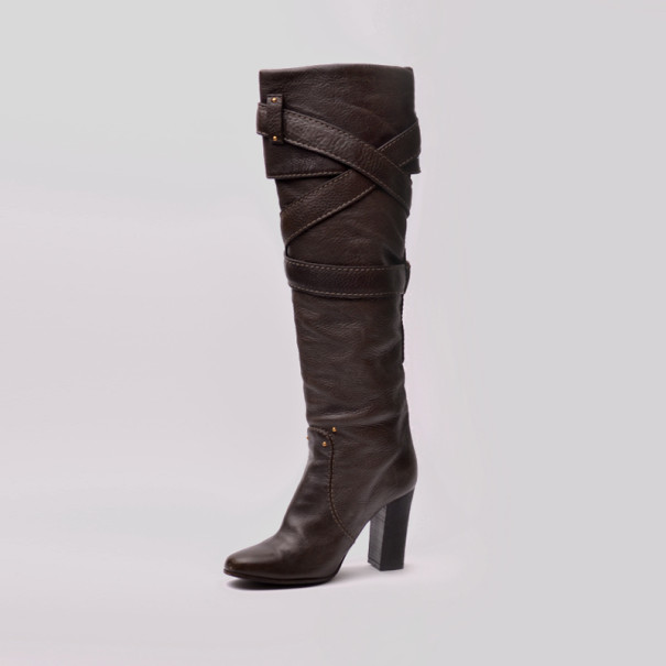 Pre Owned Chloe Brown Leather Knee Length Boots Size 37.5