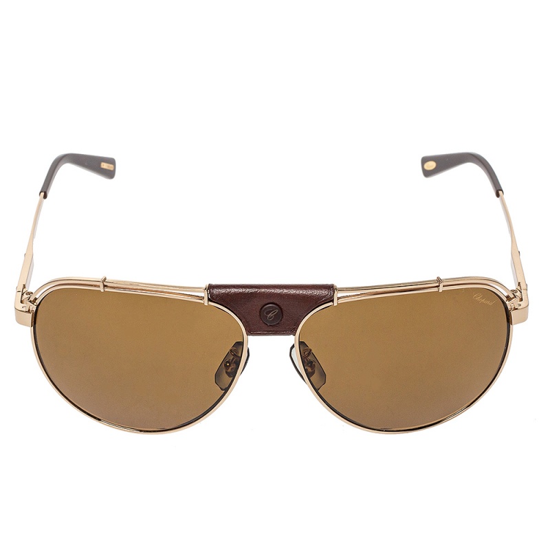 

Chopard Gold Tone Titanium /Brown Leather SCHA12 Polarized Aviator Sunglasses
