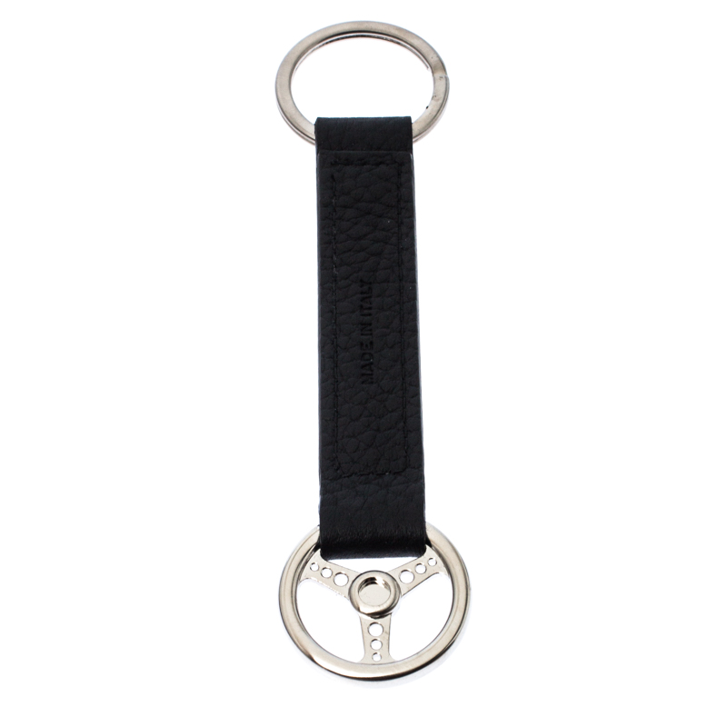 Chopard Steering Wheel Black Leather Silver Tone Key Ring