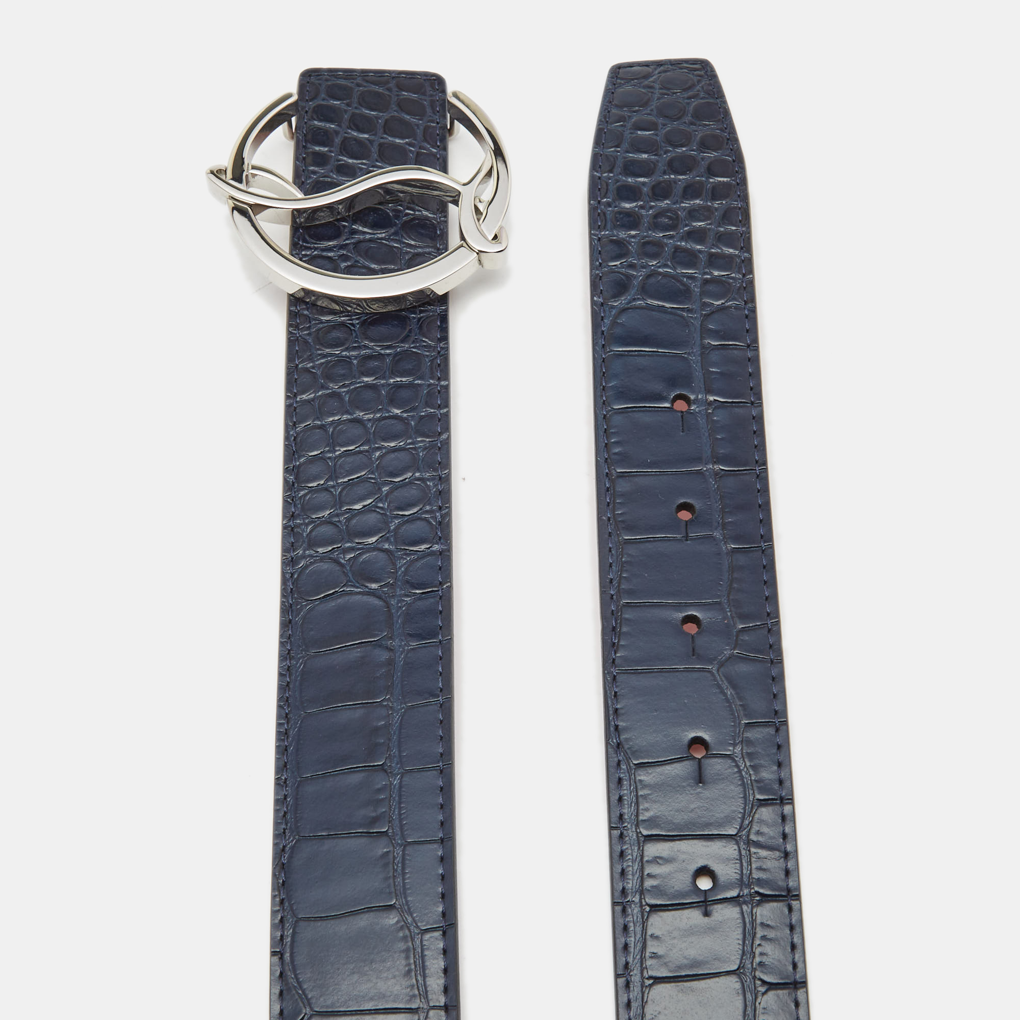 

Christian Louboutin Navy Blue/Red Croc Embossed and Leather CL Logo Belt