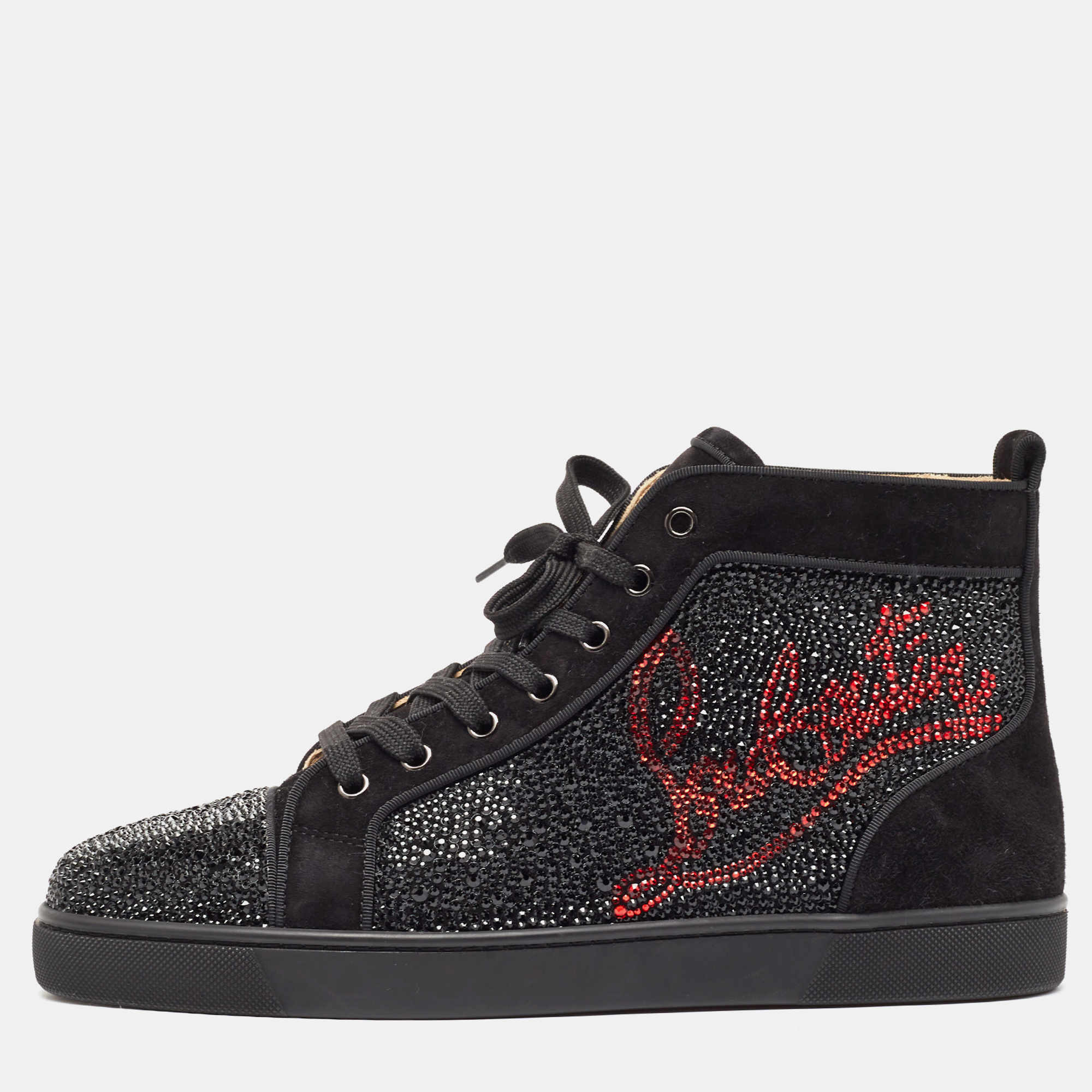 Pre-owned Christian Louboutin Black Louis Louis Crystal Logo High Top Sneakers Size 43