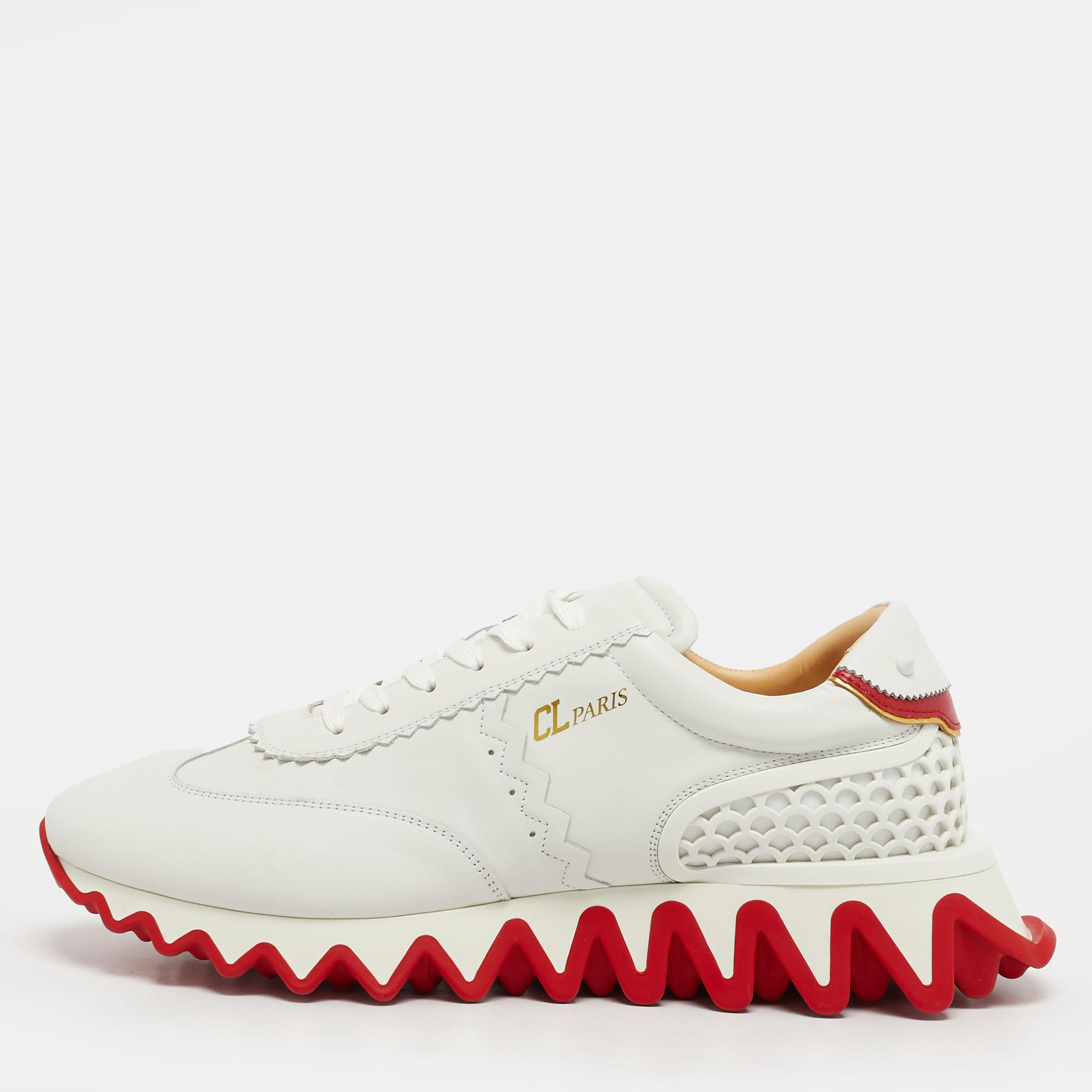 Pre-owned Christian Louboutin Loubishark Size 45 White Leather Low Top Sneakers