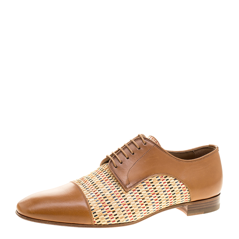 Christian Louboutin Brown Leather and Woven Straw Daviol Derby Size 41