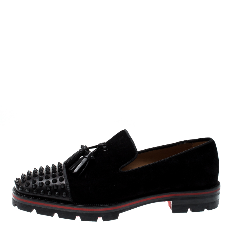 

Christian Louboutin Black Suede And Leather Rossini Spike Embellished Cap Toe Platform Loafers Size