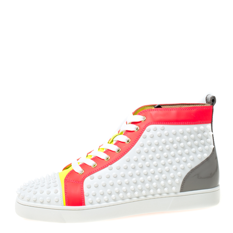 

Christian Louboutin White Leather With Flourescent Matt Louis Spikes High Top Sneakers Size