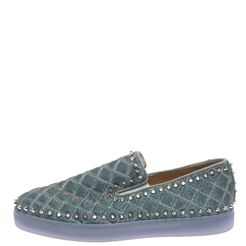 

Christian Louboutin Blue Quilted Glitter Fabric Spike Pik Boat Slip On Sneakers Size, Metallic