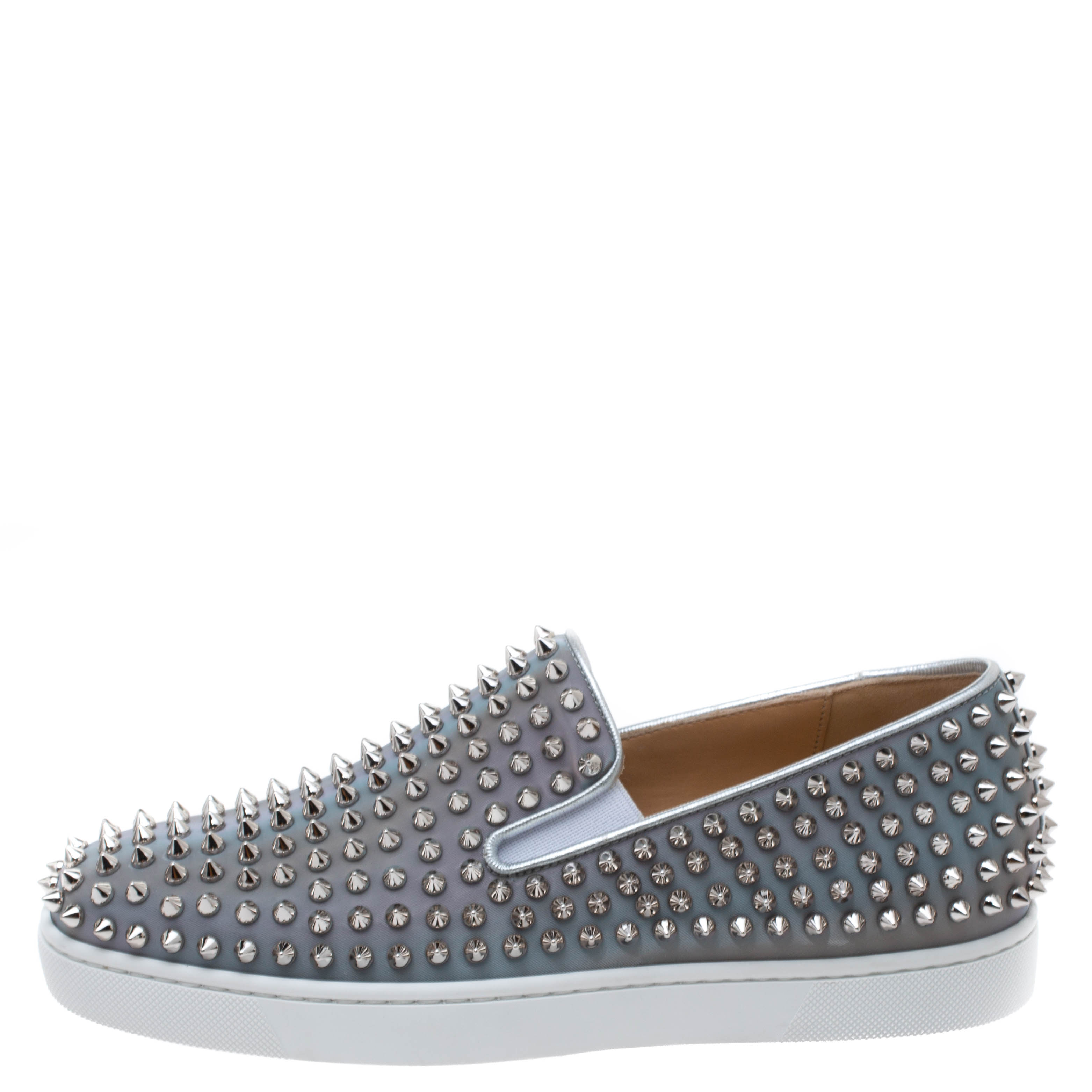 

Christian Louboutin Metallic Silver Leather Roller Boat Spiked Slip On Sneakers Size