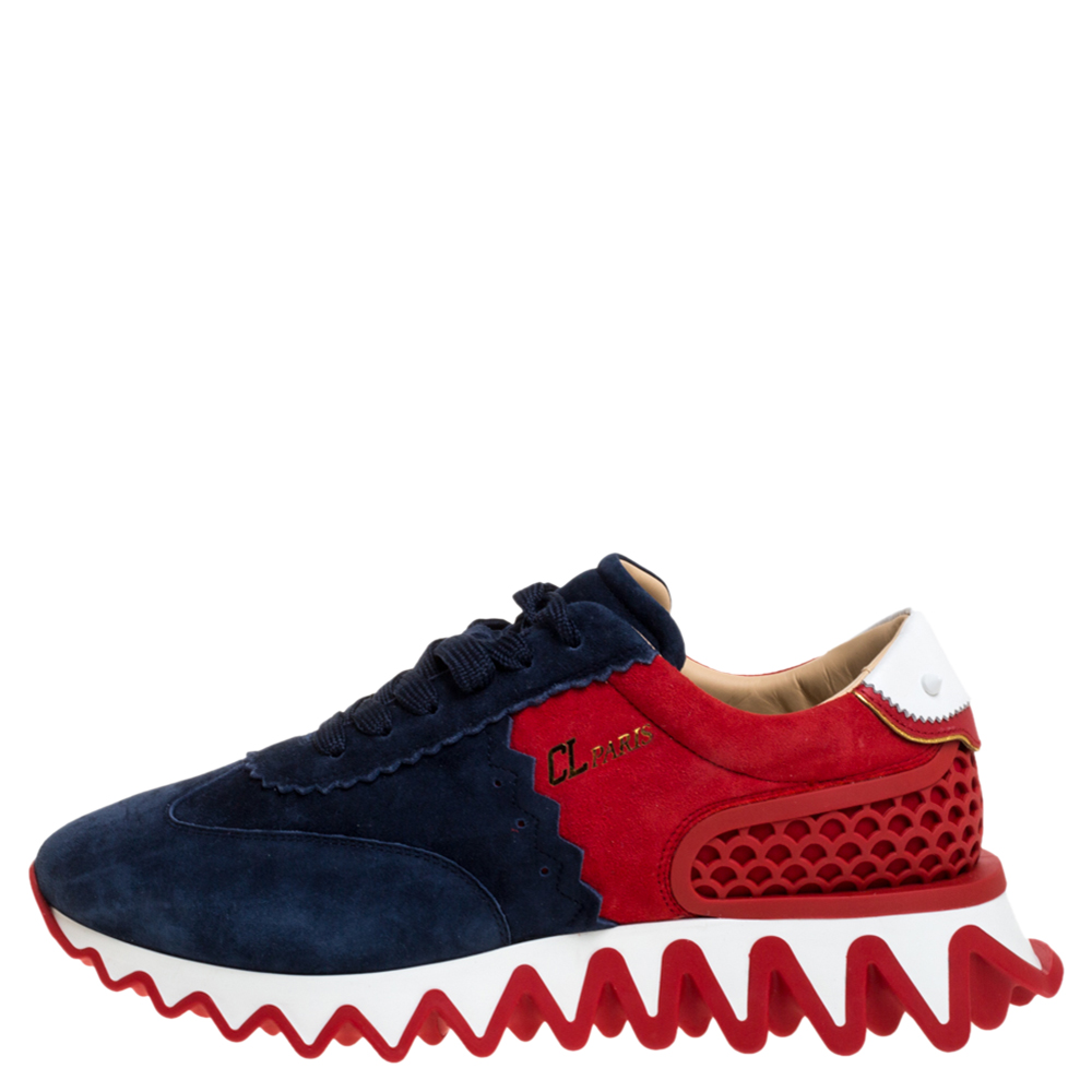 

Christian Louboutin Blue/Red Suede And Leather Loubishark Low Top Sneakers Size