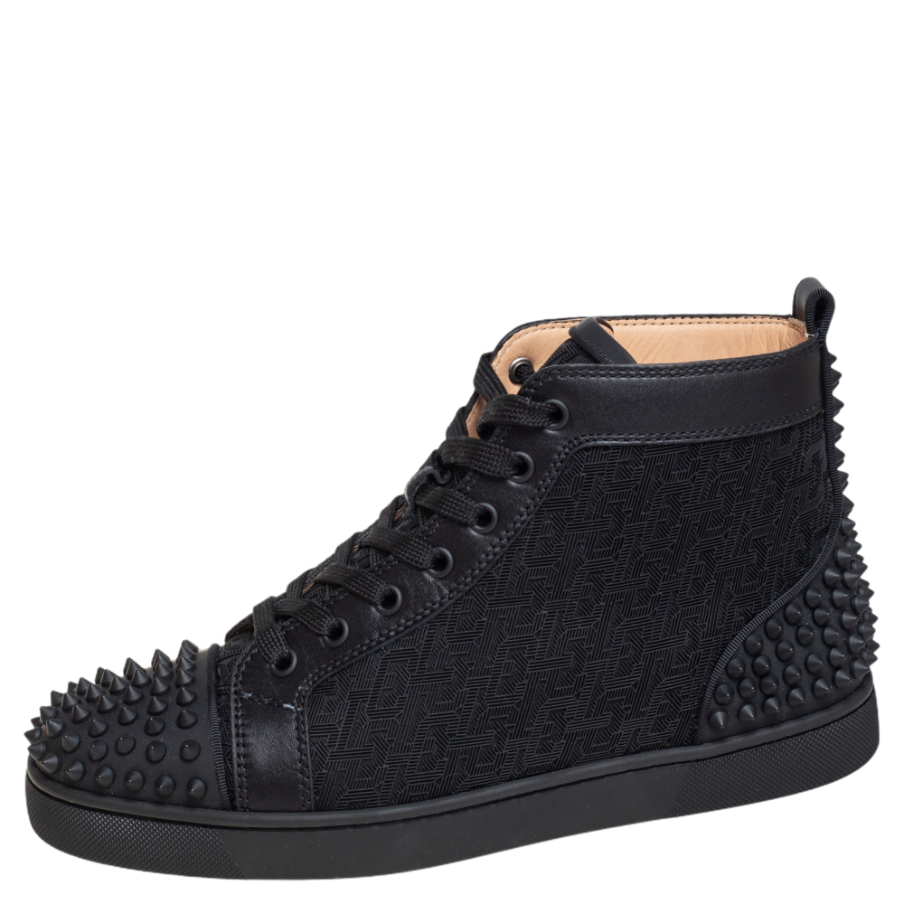 

Christian Louboutin Black Leather And Cotton Fabric Lou Spikes 2 High Top Sneakers Size