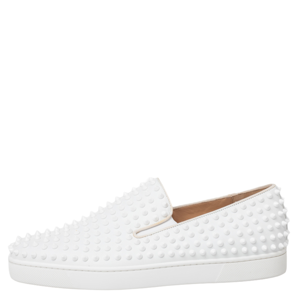 

Christian Louboutin White Leather Roller Boat Spike Slip On Sneakers Size