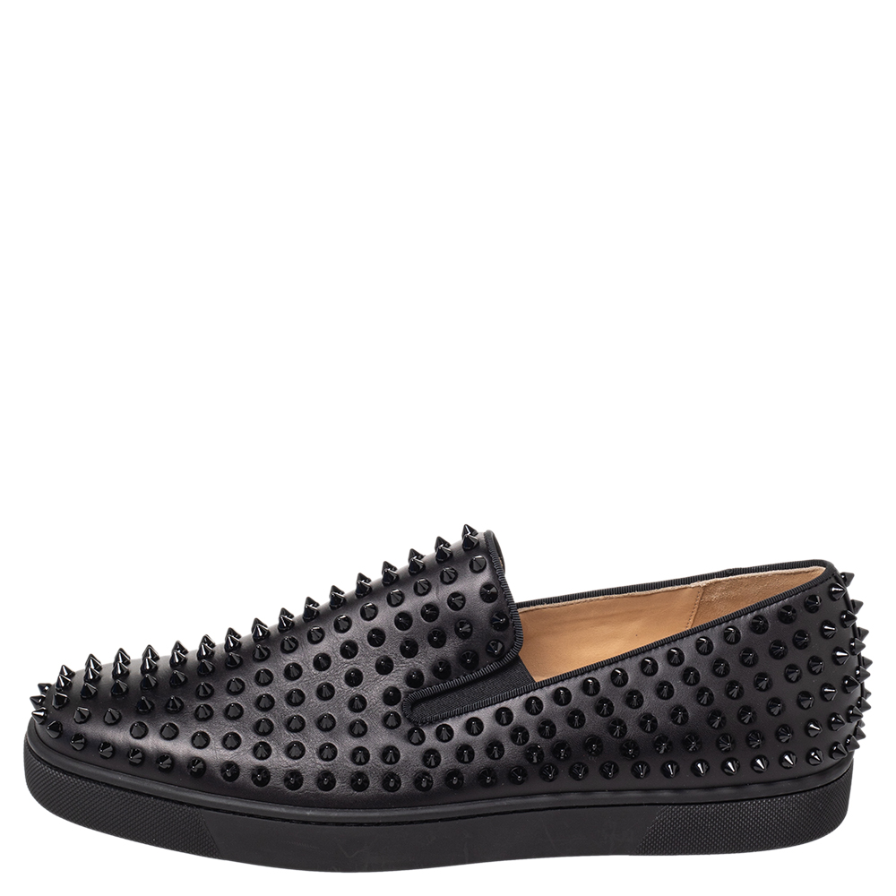 

Christian Louboutin Black Leather Roller Boat Spike Slip On Sneakers Size