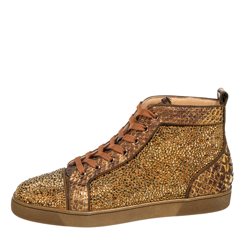 

Christian Louboutin Bronze Python Leather and Crystals Embellished Suede Louis Orlato High-Top Sneakers Size