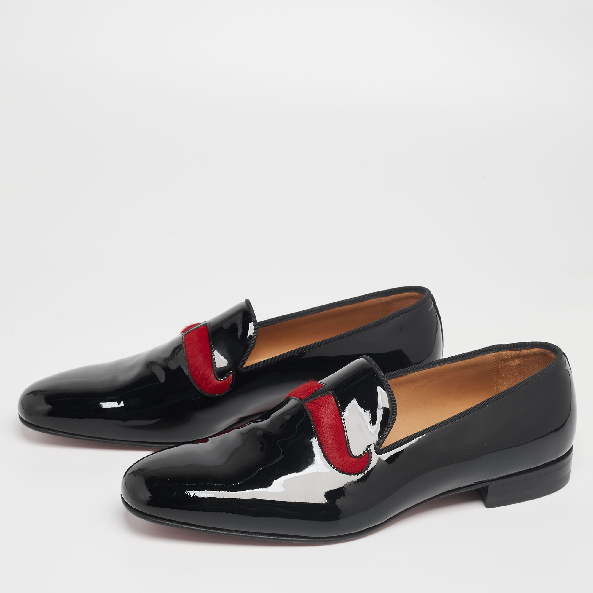 

Christian Louboutin Black/Red Patent Leather and Calf Hair Mustache Smoking Slippers Size